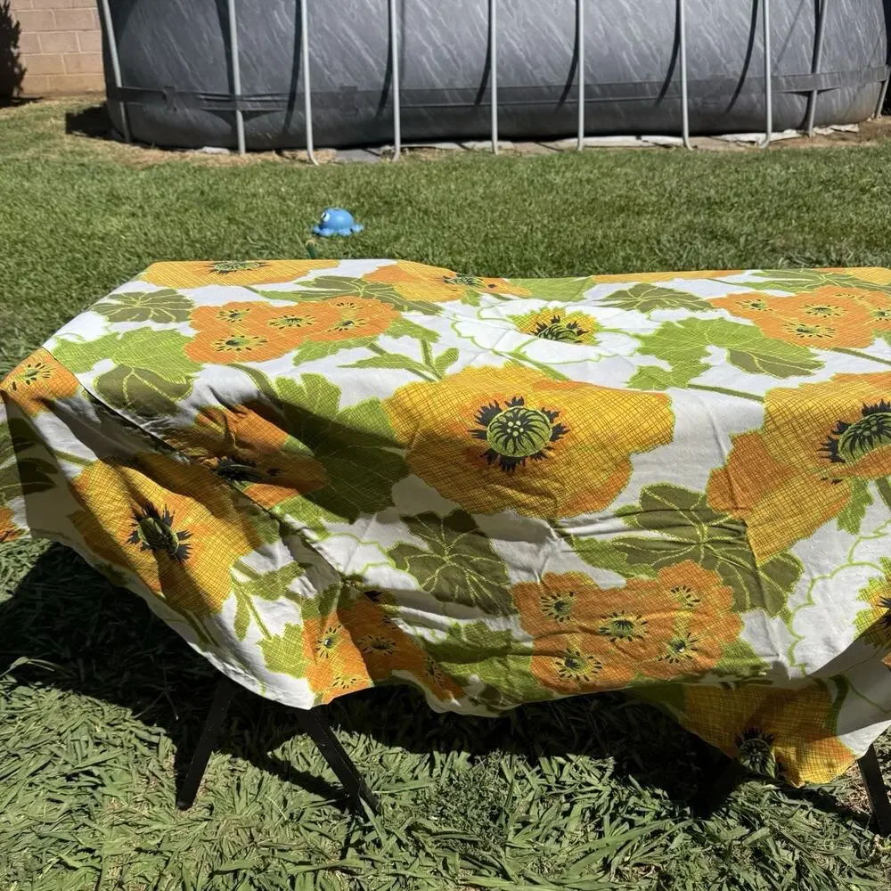 Vintage 1970s Round Floral Tablecloth 60” Orange Yellow Green Boho Cottagecore